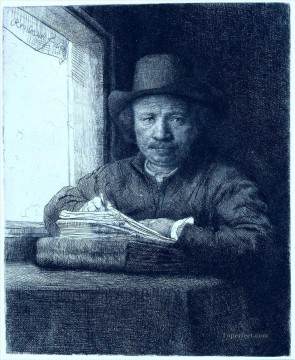 レンブラント・ファン・レイン Painting - 窓辺に肖像画を描く レンブラント